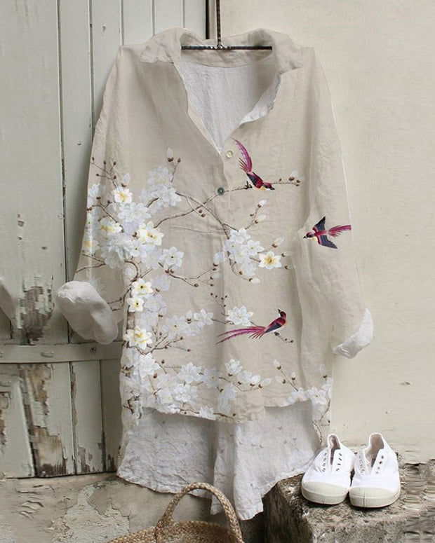 Rhododendron Flower Print Cotton And Linen Tunic Shirt