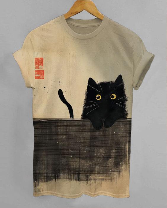 Japanese Art Wall Cat Short Sleeve Tshirt