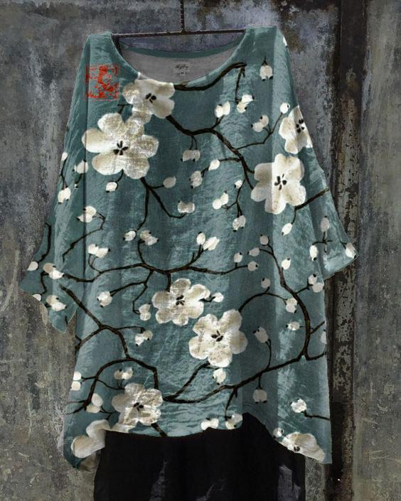 Art Plum Blossom Oil Painting Art Fish Cotton Linen Casual Shirt