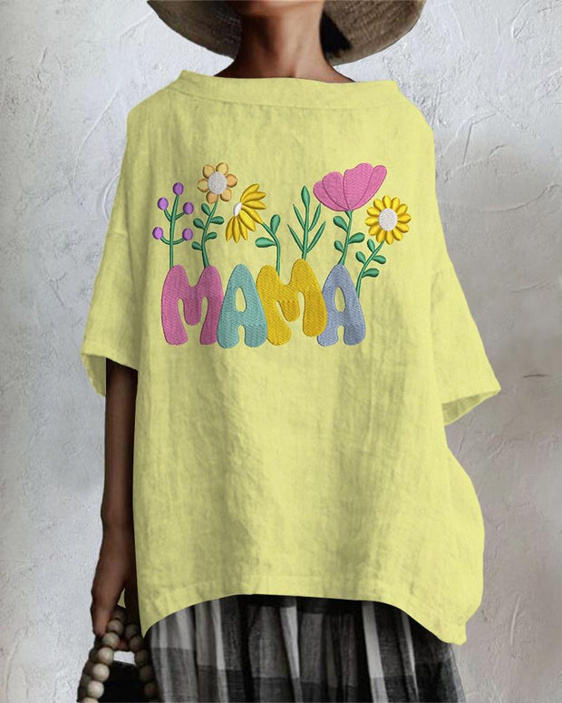 Floral Mama Print Cotton And Linen Tunic Shirt
