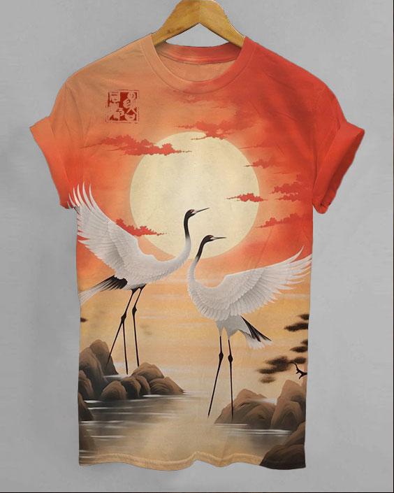 Sunset Flying Crane Print Short Sleeve Tshirt