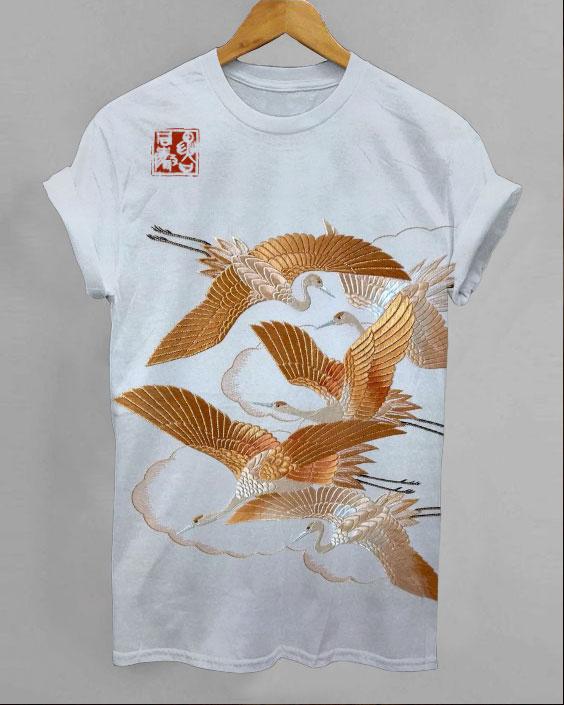 Japanese Art Golden Flying Crane Short Sleeve Tshirt