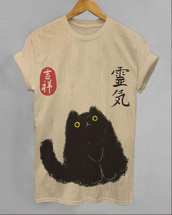 Japanese Art Black Cat Short Sleeve Tshirt