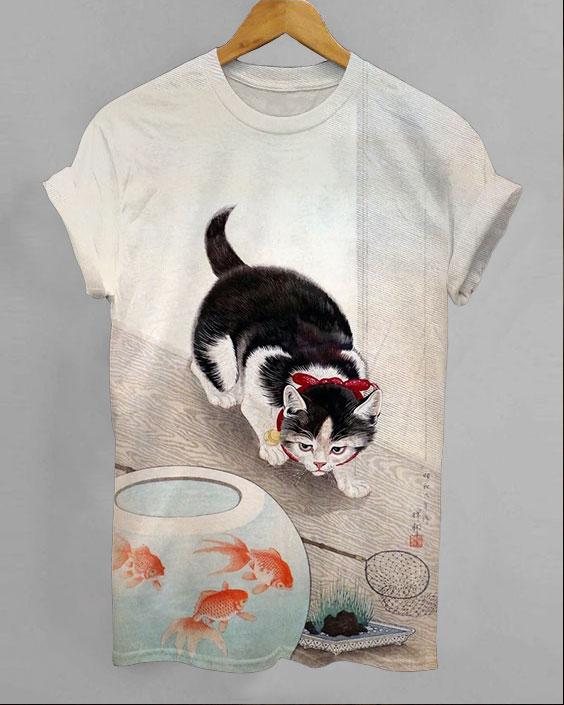 Cat Staring At Goldfish Short Sleeve Tshirt
