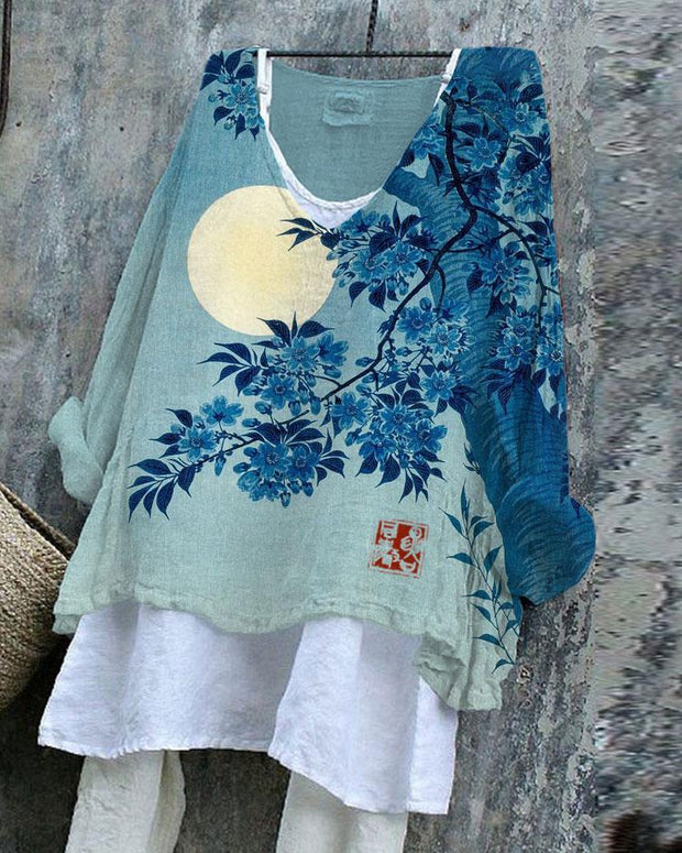 Full Moon Blue Flower Branch Art Linen Blend Tunic Shirt