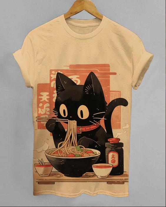 Japanese Art Noodle Eating Cat Short Sleeve Tshirt