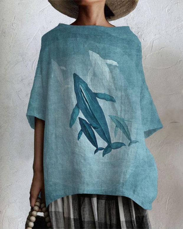 Whale Ocean Print Cotton And Linen Tunic Shirt