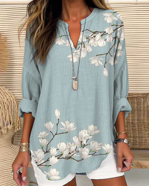 Simple Orchid Branch Long Sleeves Casual Blouse
